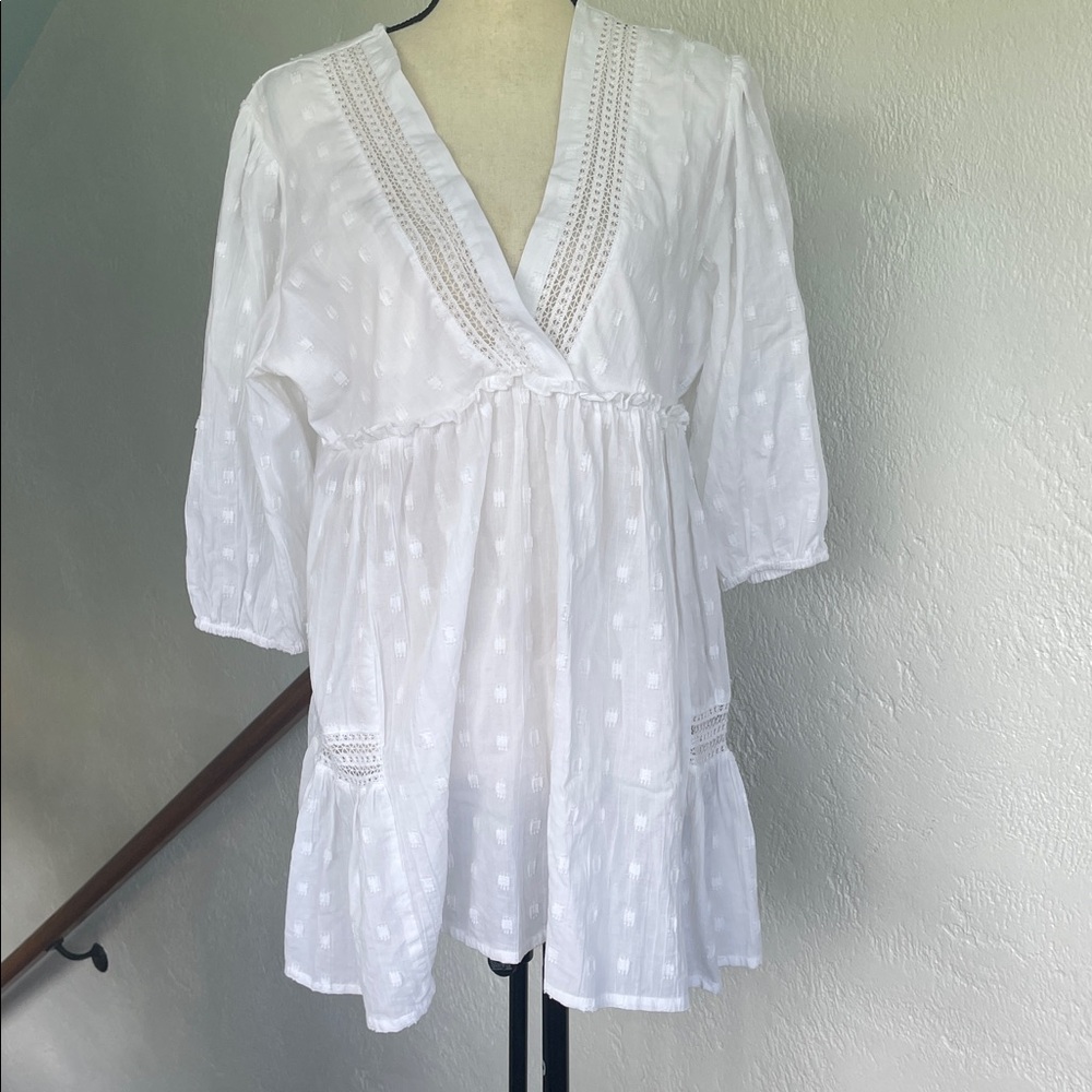 Charlie Paige NWOT White Cotton Babydoll Top blouse Embroidered 3/4 Sleeve Large